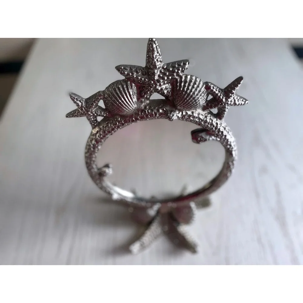 Nautical Beach Starfish Seashell Vanity Mirror Desk Decor Silver Tone Metal‎ 6.5